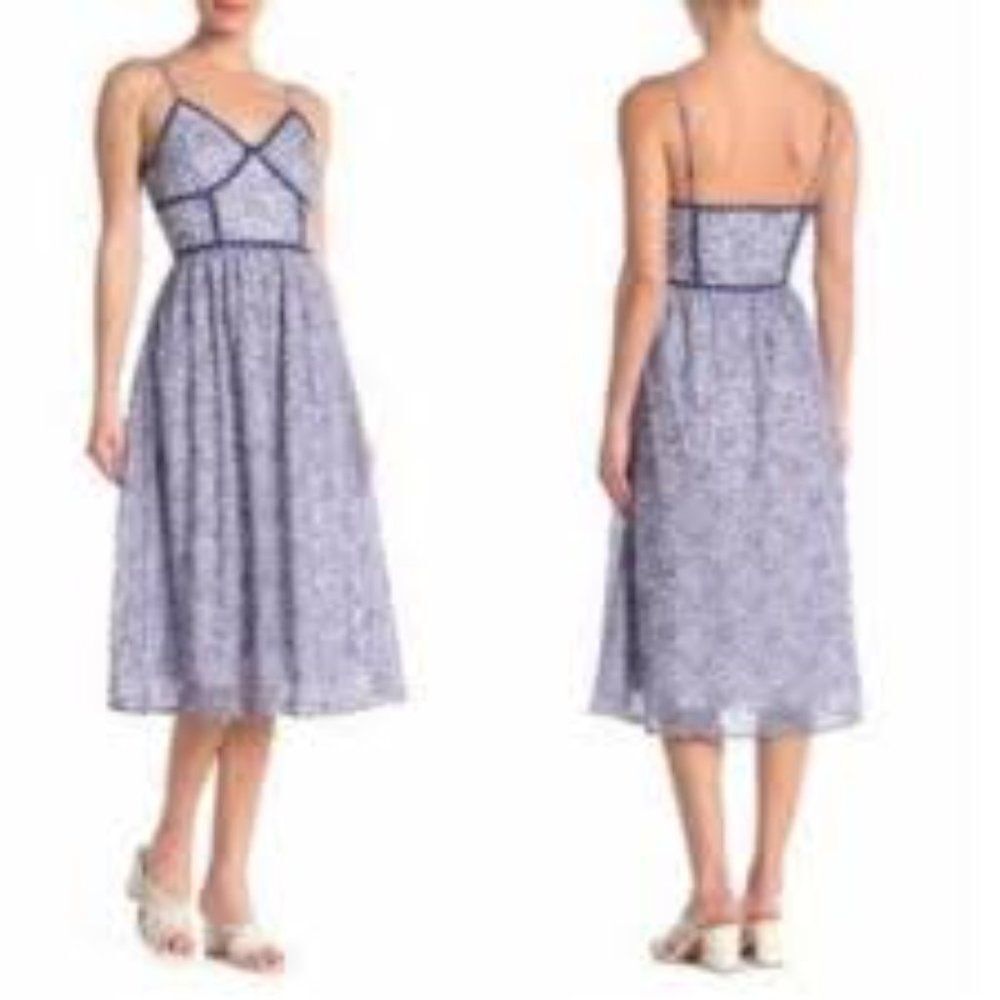 NSR Lavender Floral Midi Dress with Navy Trim